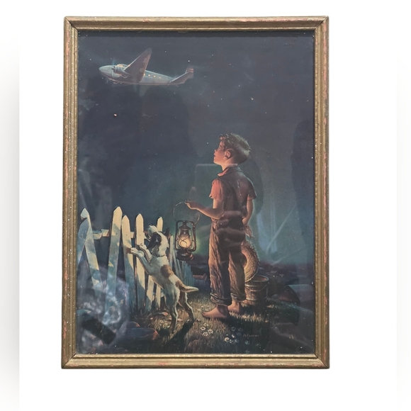 Other - Vintage 8.5"×11" Print Of Boy & Dog Staring In Wonder at an Airplane Framed